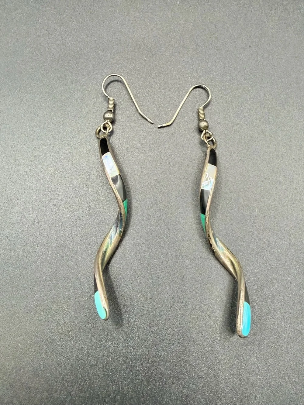 Vintage Sterling Silver 925 Zuni Spiral Inlay Dangle Drop Earrings Jewelry